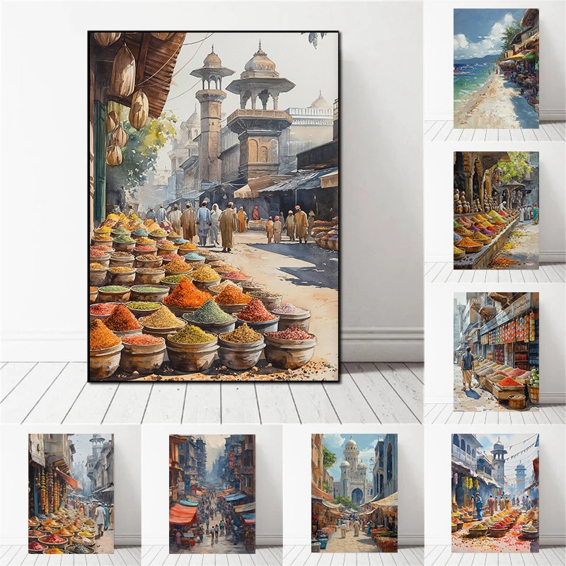 Home Decor Karachi - Акварельная картина с изображением уличного рынка