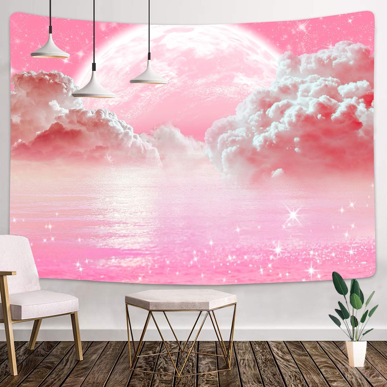 Aesthetic Tapestry - Гобелен с розовыми облаками, небом, океаном,